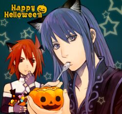  2boys :t animal_ears blue_background blue_eyes blue_hair candy cat_ears commentary_request eating extra_ears food fruit_cup gloves halloween happy_halloween in-franchise_crossover jack-o&#039;-lantern kapipa kemonomimi_mode kratos_aurion long_hair male_focus multiple_boys partial_commentary pumpkin red_eyes red_hair spoon star_(symbol) tales_of_(series) tales_of_symphonia tales_of_vesperia wrapped_candy yuri_lowell 