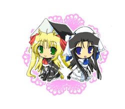  2girls black_hair black_wings blonde_hair blue_eyes chibi commentary_request green_eyes kyoukaisenjou_no_horizon malga_naruze margot_knight multiple_girls partial_commentary wings yuumi_(airfight_soul) 