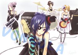  4girls bass_guitar bianchi brown_hair chrome_dokuro commentary_request don&#039;t_say_&quot;lazy&quot; dress electric_guitar eyepatch fingerless_gloves gloves guitar hair_ornament hat instrument k-on! katekyo_hitman_reborn! keytar long_hair microphone microphone_stand mini_hat mini_top_hat miura_haru multiple_girls orange_hair pantyhose parody purple_eyes purple_hair sasagawa_kyouko shiin short_hair top_hat 