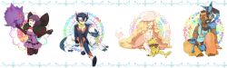  2boys 2girls abra absol caitlin_(pokemon) commentary_request gengar grimsley_(pokemon) highres kneeling lucario marshal_(pokemon) miniskirt multiple_boys multiple_girls pantyhose pasu-ko pleated_skirt pokemon pokemon_(creature) pokemon_bw purple_skirt riolu shauntal_(pokemon) sitting skirt 