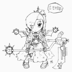  armor bolter chaos_space_marines crossover evy evy_(mabinogi) korean lowres mabinogi mabinogi_heroes monochrome power_armor scythe vindictus warhammer_40k weapon 