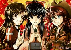  3girls 4-fingers_heart_hands absurdres black_eyes black_hair breasts brown_eyes brown_hair cleavage commentary_request cowboy_hat cowboy_western cross cross_print dress erica_fontaine freckles fringe_trim gemini_sunrise gloves green_eyes hair_ribbon hat heart heart_hands highres japanese_clothes juliet_sleeves kimono kurokawa_ako leaf long_hair long_sleeves making-of_available medium_breasts microphone multiple_girls open_mouth painttool_sai_(medium) puffy_sleeves red_hair ribbon sakura_taisen sakura_taisen_iii sakura_taisen_v shinguuji_sakura smile v 