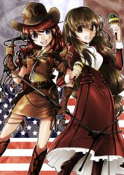  2girls american_flag belt blue_eyes boots brown_eyes brown_hair brown_skirt commentary_request cowboy_hat cowboy_western cross cross_necklace cross_print denim denim_skirt dress erica_fontaine flag_background freckles french_flag frills fringe_trim gemini_sunrise gloves hat highres instrument jacket jewelry kurokawa_ako long_hair low-tied_long_hair maracas microphone microphone_stand miniskirt multiple_girls necklace open_mouth patriotism red_hair sakura_taisen sakura_taisen_iii sakura_taisen_v skirt smile thigh_strap 