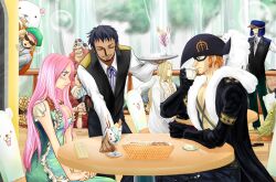  6+boys bad_id bad_pixiv_id basil_hawkins bear beard bepo black_hair blonde_hair blush bracelet breasts brown_hair bubble capone_gang_bege cleavage cup dress earrings eustass_kid facial_hair female food glasses gloves goatee goggles hat jewelry jewelry_bonney killer_(one_piece) large_breasts long_hair long_sideburns mask multiple_boys necklace one_piece orange_hair penguin_(one_piece) pink_eyes pink_hair puchiri red_hair scratchmen_apoo shabondi shachi_(one_piece) short_hair sideburns sunglasses table tattoo trafalgar_law urouge x_drake 