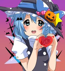  bat_(animal) black_dress blue_eyes blue_hair blush braid candy cirno commentary_request cosplay dress female food hair_ribbon hat hat_ribbon heart heart_hands highres jack-o&#039;-lantern kirisame_marisa kirisame_marisa_(cosplay) negiko open_mouth pumpkin ribbon shirt smile solo star_(symbol) touhou witch_hat 