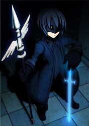  1boy aroha_j black_hair commentary_request gloves holding male_focus mask photoshop_(medium) pixiv_fantasia pixiv_fantasia_wizard_and_knight solo staff standing sword weapon 