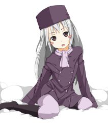  bad_id bad_pixiv_id blush blush_stickers boots fate/zero fate_(series) female grey_hair hat highres illyasviel_von_einzbern lolicon long_hair muttan_(ashiru-f) open_mouth pantyhose purple_hat sitting snow solo transparent_background white_pantyhose winter_clothes 