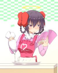  apron artist_request ayukawa_tenri baking black_hair book bow braid cake cooking diana_(kaminomi) female food hairbow halo kami_nomi_zo_shiru_sekai lowres photoshop_(medium) purple_eyes solo twin_braids 