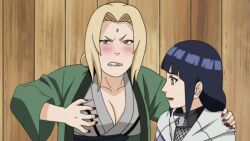  2girls animated animated animated blonde_hair blue_hair blush breasts brown_eyes cap cleavage facial_mark forehead_mark hyuuga_hinata large_breasts long_hair multiple_girls naruto tsunade white_eyes 