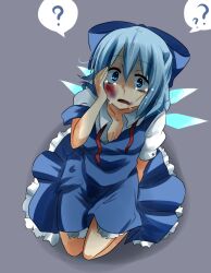  ? abuse blood blood_in_mouth blood_on_face blue_bow blue_dress blue_eyes blue_hair bow bowtie bruise cirno commentary_request crying crying_with_eyes_open dress female grey_background hairbow hand_on_own_cheek hand_on_own_face highres injury looking_at_viewer loose_bowtie negiko nosebleed open_mouth pov short_hair simple_background sitting solo spoken_question_mark surprised tears touhou wide-eyed wings 