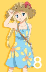  adjusting_clothes adjusting_headwear alternate_costume armpits blonde_hair blue_eyes braid celestial_s collarbone countdown dress female hat long_hair official_alternate_costume patty_fleur patty_fleur_(southern_rainbow) smile solo straw_hat tales_of_(series) tales_of_vesperia yellow_background 