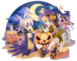  2girls ahoge bat_(animal) blonde_hair blue_eyes boots braid candle candy cape chkuyomi cloud commentary_request crescent_moon dress food frills gathers halloween hat headband jack-o&#039;-lantern lollipop long_hair looking_at_viewer moon multiple_girls nayatrei night night_sky photoshop_(medium) pumpkin purple_eyes single_braid sitting sky smile star_(sky) starry_moon tales_weaver tichiel_juspian wariza white_hair witch_hat 