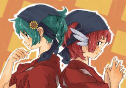  2girls alternate_hairstyle animal_ears back-to-back bad_id bad_pixiv_id bird_ears brown_kimono cosplay flower green_hair hikali japanese_clothes kazami_yuuka kimono looking_back multiple_girls mystia_lorelei mystia_lorelei_(cosplay) okamisty photoshop_(medium) pink_hair profile red_hair short_hair sunflower tasuki touhou 