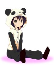  animal_costume blush brown_eyes commentary_request costume feet female funami_yui higata0815 panda_costume purple_hair short_hair sitting solo yuru_yuri 