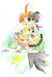  2girls :d ahiru_(princess_tutu) ahoge bad_id bad_pixiv_id ballerina ballet_slippers bird black_hair blue_eyes choker crow d: different_reflection fairy_wings flower footwear_ribbon freckles frilled_skirt frills hair_flower hair_ornament hug kneeling miniskirt multiple_girls navel nekoto_rina open_mouth orange_hair pink_eyes princess_tutu reflection rue_(princess_tutu) skirt smile swan tutu wings yellow_skirt 