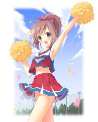  :d arm_up armpits bad_id bad_pixiv_id blush bow brown_hair chain-link_fence cheerleader clothes_lift cloud confetti day female fence green_eyes hair_up hairbow high_ponytail midriff miniskirt open_mouth original outdoors pan_(mimi) photoshop_(medium) pleated_skirt pom_pom_(cheerleading) ponytail red_skirt skirt skirt_lift sky smile solo striped_clothes striped_skirt wind wind_lift 