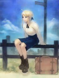  ahoge artoria_pendragon_(fate) bare_legs blonde_hair boots castle casual commentary_request dress england fate/stay_night fate_(series) female fence green_eyes hair_ribbon photoshop_(medium) qbase ribbon saber_(fate) sign sitting solo suitcase 