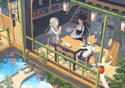  &gt;_&lt; 3girls above_clouds animal_ear_fluff animal_ears bamboo black_hair blue_eyes blush bus camera chair closed_eyes cloud commentary_request cover cover_page creature cup doujin_cover flower fox_ears fox_tail from_outside hair_flower hair_ornament hand_on_table holding holding_cup holding_tray jitome kuromitsu_nene long_hair motor_vehicle multiple_girls original own_hands_together parfait photoshop_(medium) poco_(asahi_age) railing shadow shiratama_kitsune short_hair sitting stairs table tail tray tree white_hair wooden_table yukimi_(poco) 