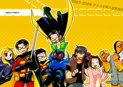  6+boys armor avalanche batman_(series) belt black_hair blonde_hair blue_beetle blue_eyes brothers brown_hair cape couple crossover dc_comics deathstroke dick_grayson domino_mask family fingerless_gloves gloves green_shoes hair_bobbles hair_ornament jamie_reyes jason_todd jewelry kitty_pryde lance_alvers marvel mask muffin multiple_boys multiple_girls necklace necktie nekomiso ponytail robin_(dc) shirt shock shoes siblings slade_wilson spoiler_(dc) staff stephanie_brown surprised tim_drake time_paradox x-men yellow_shirt 