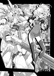  arms_behind_head bad_id bad_pixiv_id benimaru boots excellen_browning female garter_straps greyscale gun hair_over_one_eye jacket long_hair mecha miniskirt monochrome photoshop_(medium) ponytail robot skirt smile solo standing super_robot_wars thighhighs turtleneck weapon zettai_ryouiki 