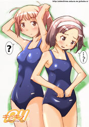  2girls adjusting_hair aihara_nana armpits blush brown_eyes flat_chest hairband kimi_kiss multiple_girls nyazui one-piece_swimsuit pinching sakino_asuka school_swimsuit short_hair sweat swimsuit 