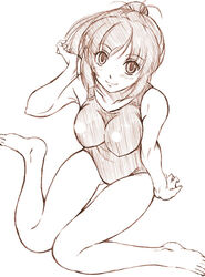  adjusting_hair barefoot blush breasts feet female from_above kimi_kiss kusui_aruta large_breasts looking_up monochrome one-piece_swimsuit photoshop_(medium) ponytail sakino_asuka school_swimsuit sitting sketch smile solo swimsuit thigh_gap 