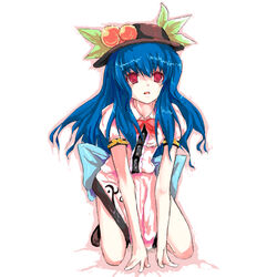  blue_hair commentary_request female food fruit hat hinanawi_tenshi kuku long_hair pale_skin peach photoshop_(medium) red_eyes ribbon solo tears touhou 