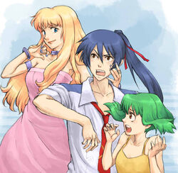  1boy 2girls armband blonde_hair blue_hair blue_nails bracelet camisole choker collarbone commentary_request dress floating_hair green_hair hair_ribbon hand_on_another&#039;s_face height_difference jewelry long_hair macross macross_frontier multiple_girls nail_polish necktie nira_(niratoro) open_mouth partial_commentary ponytail profile ranka_lee red_eyes ribbon saotome_alto school_uniform sheryl_nome shirt short_hair smirk strapless strapless_dress surprised very_long_hair 