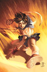  :d blue_sailor_collar brown_eyes brown_hair buruma buruma_under_skirt clenched_hand commentary female fighting_stance fingerless_gloves floating_hair full_body gloves gradient_background hair_between_eyes headband jo_chen kasugano_sakura legs looking_at_viewer miniskirt motion_blur necktie official_art open_mouth pleated_skirt realistic sailor_collar school_uniform serafuku shadow shirt shoes short_hair signature skirt smile sneakers socks solo spread_legs street_fighter tiptoes udon_entertainment upskirt 