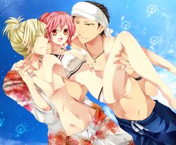  2boys akatsuki_yakyou bikini black_hair blonde_hair character_request earrings female highres jewelry multiple_boys necklace pink_hair red_eyes shorts sky swimsuit tokimeki_memorial tokimeki_memorial_girl&#039;s_side yellow_eyes 