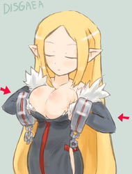  artist_request blonde_hair blush breasts cleavage closed_eyes disgaea female healer large_breasts pointy_ears 