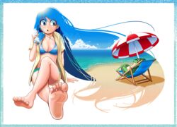  bad_id bad_pixiv_id barefoot beach blue_eyes blue_hair can crossed_legs double_exposure feet female frog full_body jacket long_hair ocean ochawan_(o-tyawan) original simple_background sitting sky soles solo surprised toes two-tone_umbrella umbrella very_long_hair water white_background 