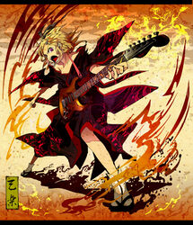  black_kimono blonde_hair commentary_request electric_guitar female guitar hair_ornament hair_ribbon hairclip instrument itou_toi japanese_clothes kagamine_rin kimono letterboxed open_mouth purple_eyes ribbon short_hair solo tengaku_(vocaloid) vocaloid 