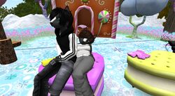  absurd_res anthro black_body black_fur blue_eyes breasts candy candy_cane canid canine clothed clothing dessert detailed_background duo female food fox fur gingerbread_house green_eyes hair hi_res hybrid ice_cream ice_cream_sandwich lollipop looking_at_viewer male mammal mephitid outside pillow second_life skunk snow 