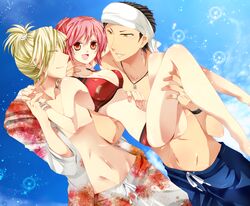  2boys akatsuki_yakyou bikini black_hair blonde_hair character_request earrings female highres jewelry multiple_boys necklace pink_hair red_eyes shorts sky swimsuit tokimeki_memorial tokimeki_memorial_girl&#039;s_side yellow_eyes 