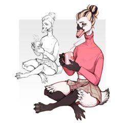  alpha_channel anatid anseriform anserinae anthro avian avian_feet beak beak_piercing beverage bird blonde_hair bottomwear clothed clothing coffee_mug crossed_legs facial_piercing feathers feet female fully_clothed furgonomics furry-specific_piercing hair hair_bun hi_res lausig long_sleeves markings membrane_(anatomy) mole_(marking) multicolored_hair piercing sitting skirt solo steam swan sweater toes topwear turtleneck two_tone_hair una_olor_(moonjava) webbed_feet webbed_hands white_body white_feathers 