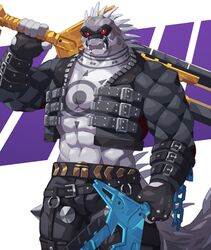  1boy abs absurdres bara chest_tattoo crocodile_boy crocodilian_tail daylon_(sobek)_(dislyte) dislyte dual_wielding english_commentary fangs fangs_out fingerless_gloves furry furry_male gloves highres holding holding_sword holding_weapon looking_at_viewer male_focus muzzle pectorals red_eyes sword tail tattoo weapon yed_(yedsilent) 