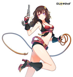  arm_up armpits bai_winchester bare_shoulders belt bikini black_footwear black_gloves black_shirt black_shorts boots braid breasts brown_hair cleavage closers collared_shirt crop_top female finger_on_trigger fingerless_gloves floating_hair framed_breasts gloves gun hairband handgun heterochromia highres holding holding_gun holding_lasso holding_weapon lasso leg_up long_hair looking_at_viewer loose_belt medium_breasts micro_shorts multiple_belts navel non-web_source official_art pink_eyes purple_eyes red_bikini revealing_clothes revolver shirt shorts single_braid sleeveless sleeveless_shirt solo stomach string_bikini swimsuit thighs v-shaped_eyebrows weapon 