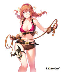  animal_skull bare_shoulders belt bikini blue_eyes braid breasts brown_gloves brown_shirt brown_shorts cleavage closers collarbone collared_shirt crop_top female fingerless_gloves floating_hair framed_breasts gloves grin hairband halterneck harpy_(closers) highres holding_lasso large_breasts lasso long_hair looking_away loose_belt micro_shorts mole mole_under_eye multiple_belts navel non-web_source official_art orange_hair pink_bikini revealing_clothes shirt shorts sleeveless sleeveless_shirt smile solo stomach strap_gap string_bikini swimsuit thigh_strap thighs twin_braids twintails 