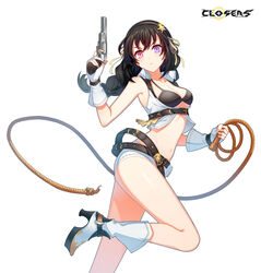  arm_up armpits bai_winchester bare_shoulders belt bikini black_bikini black_hair boots braid breasts cleavage closers collared_shirt crop_top female finger_on_trigger fingerless_gloves floating_hair framed_breasts gloves gun hairband handgun heterochromia highres holding holding_gun holding_lasso holding_weapon lasso leg_up long_hair looking_at_viewer loose_belt medium_breasts micro_shorts multiple_belts navel non-web_source official_art pink_eyes purple_eyes revealing_clothes revolver shirt shorts single_braid sleeveless sleeveless_shirt solo stomach string_bikini swimsuit thighs v-shaped_eyebrows weapon white_footwear white_gloves white_shirt white_shorts 