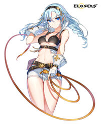  bare_arms bare_shoulders belt bikini black_bikini blue_eyes blue_hair braid breasts closed_mouth closers collarbone collared_shirt crop_top female fingerless_gloves framed_breasts gloves hairband halterneck highres holding_lasso lasso medium_breasts multiple_belts navel non-web_source official_art revealing_clothes shirt short_shorts shorts sleeveless sleeveless_shirt solo stomach string_bikini swimsuit thigh_gap thighs v-shaped_eyebrows violet_(closers) white_gloves white_shirt white_shorts wing_collar 