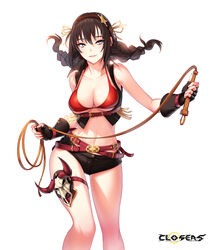  animal_skull bare_shoulders belt bikini black_gloves black_hair black_shirt black_shorts blue_eyes braid breasts cleavage closers collarbone collared_shirt crop_top female fingerless_gloves floating_hair framed_breasts gloves grin hairband halterneck harpy_(closers) highres holding_lasso large_breasts lasso long_hair looking_away loose_belt micro_shorts mole mole_under_eye multiple_belts navel non-web_source official_art red_bikini revealing_clothes shirt shorts sleeveless sleeveless_shirt smile solo stomach strap_gap string_bikini swimsuit thigh_strap thighs twin_braids twintails 