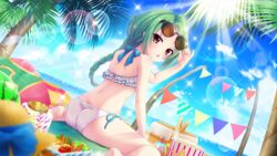  ball bare_legs barefoot beach beachball bento bikini blanket blue_bow blue_sky bow braid candy candy_cane candy_jar cloud day dimples_of_venus dot_nose drinking_straw dutch_angle eyewear_on_head female film_grain food frilled_bikini frills from_behind game_cg green_hair hat izumi_tsubasu jar lens_flare long_braid looking_at_viewer looking_back non-circular_lens_flare non-web_source ocean official_art open_mouth outdoors palm_tree picnic_basket popcorn re:stage! sausage shirokita_kuroha shoulder_blades single_braid sitting sky solo sparkle straw_hat string_of_flags sun sunglasses swimsuit tomato tree wariza watermelon_beachball white_bikini wicker_basket yellow_eyes 