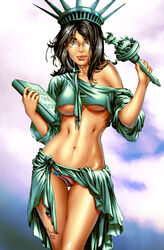  american_flag american_flag_bikini black_hair blue_eyes breasts clouds cosplay eric_basaldua female fire glasses hair ivan_nunes long_hair panties solo standing statue statue_of_liberty straight_hair text zenescope 