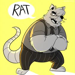  2021 anthro belly big_belly bottomwear clothing hi_res john_vithor male mammal murid murine necktie overweight overweight_male pants rat rodent shirt simple_background solo suspenders text topwear yellow_background 