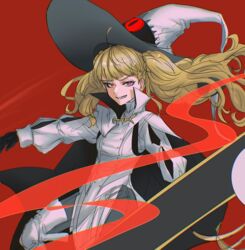  absurdres black_cape black_gloves blonde_hair cape dress eitri_(fire_emblem) evil_smile feh_xeri female fire_emblem fire_emblem_heroes gloves hat highres large_hat long_hair looking_at_viewer messy_hair pantyhose pelvic_curtain pink_eyes sharp_teeth short_dress smile solo teeth tri_tails white_cape white_dress witch_hat 