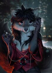  2021 adobe_photoshop_(artwork) anthro belt black_hair breasts canid canine canis claws clothed clothing digital_media_(artwork) electronics enfield female female_anthro fluffy fluffy_tail forearms fox fur grey_body grey_fur hair headphones hi_res hioshiru_(character) hybrid jacket looking_at_viewer mammal multicolored_body multicolored_fur no_bra outside pale_eyes red_clothing red_jacket red_topwear scaled_forearms scales solo tail topwear tuft wayn_animation white_body white_fur wolf 