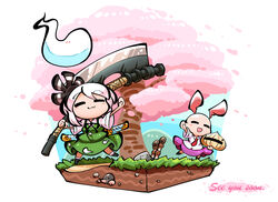  2girls :3 animal_ears bald bald_girl bow buttons chibi closed_eyes dark_souls_(series) dark_souls_iii dress hairband hairbow helmet holding holding_weapon horsetail_(plant) kashuu_(b-q) konpaku_youmu konpaku_youmu_(ghost) mole_(animal) multiple_girls necktie purple_hair rabbit_ears reisen_udongein_inaba rock sheath sheathed siegmeyer_of_catarina sword touhou tree waving weapon weapon_on_back white_hair yhorm&#039;s_great_machete_(weapon) 