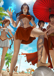  3boys 5girls aang anklet arm_tattoo avatar:_the_last_airbender avatar_legends azula bald ball barefoot beach bikini blue_fire braid braided_ponytail breasts brown_hair burn_scar cloud cloudy_sky defeat dragon_tattoo element_bending english_commentary fire from_below hair_bun hand_on_another&#039;s_chest highres jewelry katara leg_tattoo looking_at_viewer looking_down mai_(avatar) multiple_boys multiple_girls oil-paper_umbrella outdoors palm_tree pyrokinesis sand scar single_hair_bun sky smile sokka swimsuit tattoo toph_bei_fong topless_male tree ty_lee umbrella volleyball volleyball_(object) volleyball_net zarory zuko 