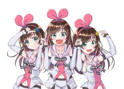  3girls ai-pii_(kizuna_ai) asterisk_hair_ornament blush collarbone commentary cosplay detached_sleeves hairband hashtag_hair_ornament highres kizuna_ai kizuna_ai_(cosplay) kizuna_ai_inc. long_hair love-chan_(kizuna_ai) love-pii_channel multicolored_hair multiple_girls pink_hairband sailor_collar shirt shorts sleeveless sleeveless_shirt streaked_hair taketake_(ristclutch-exployder) virtual_youtuber white_sailor_collar white_shorts white_sleeves 